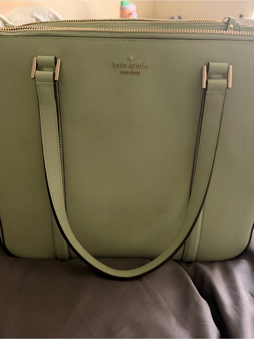kate spade sage green Saffiano leather tote with gold hardware